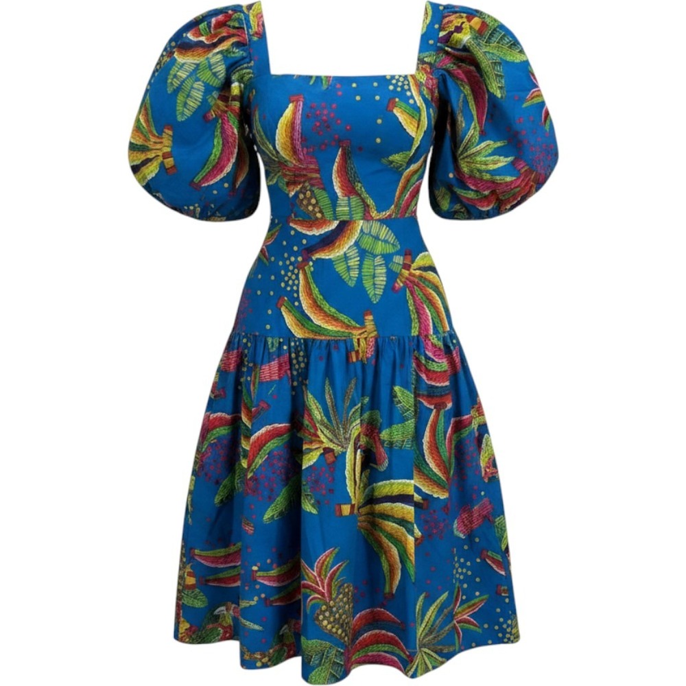 Farm Rio Toucan & Banana Leaf Print Puff Sleeve Tiered Dress — Size M, NWT